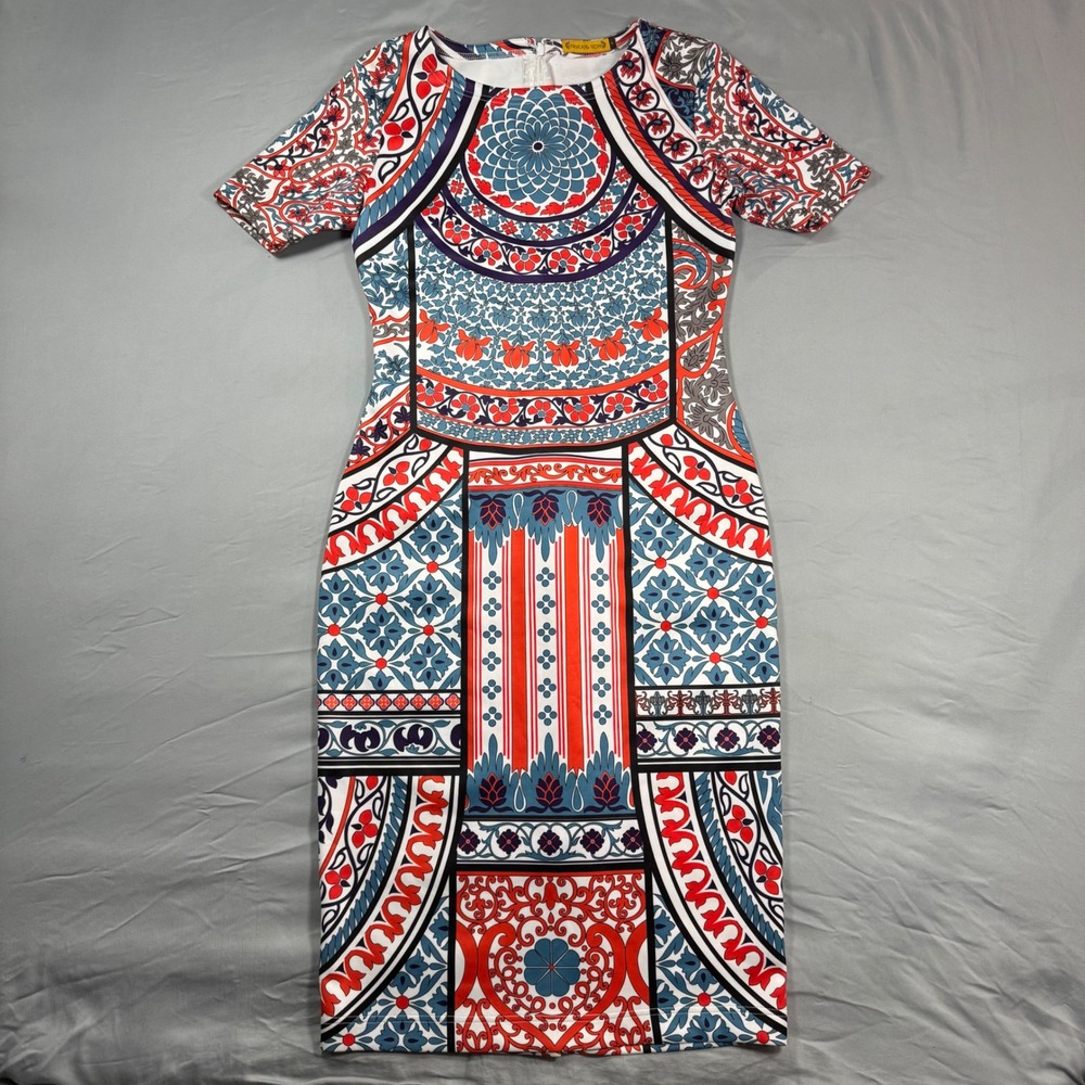 Pankaj & Nidhi Mosaic Festival AOP Sheath Dress Blue Red Womens L Boho